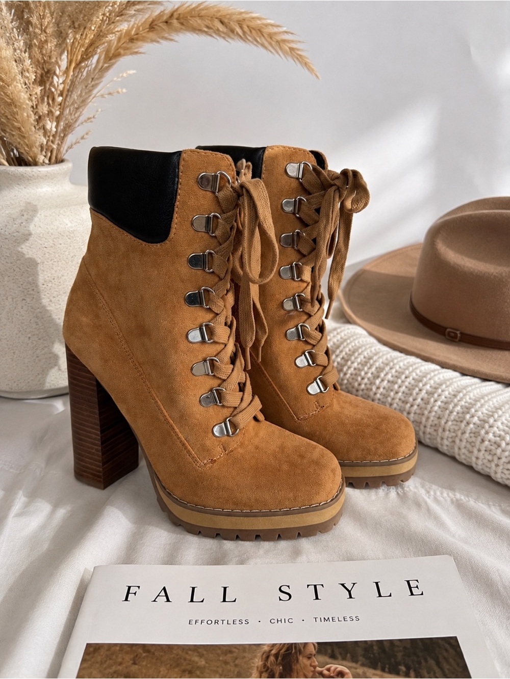 Steve Madden Tan Suede Lace-Up Platform Boots with Black Collar